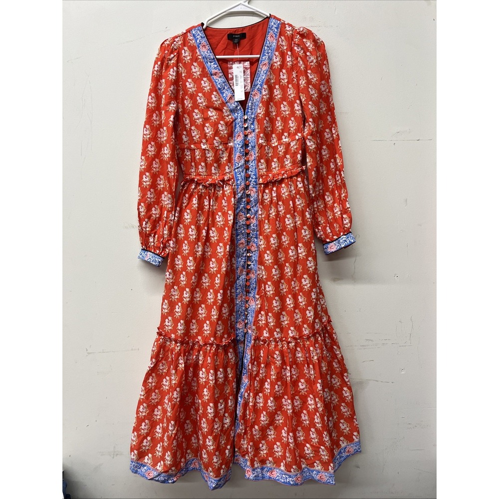 J.Crew Floral Bohemian midi Dress V-Neck Button Balloon Sleeve 100% Cotton 00 XS